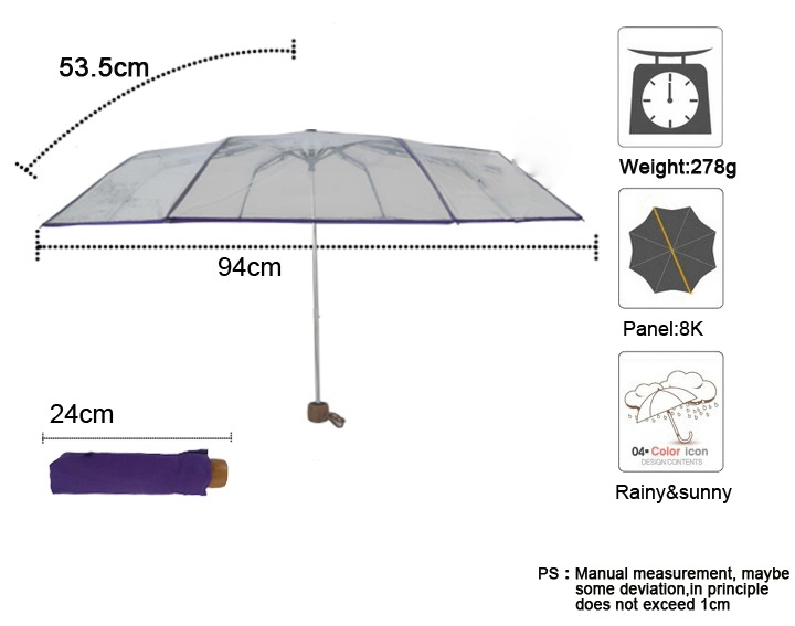 Poe Material Mini Windproof Folding Rain Clear Plastic Cover 3 Fold Outdoor Umbrella Eco-Friendly Recycling Fashion Lady 3 Folding Transparent Poe Rain Umbrella