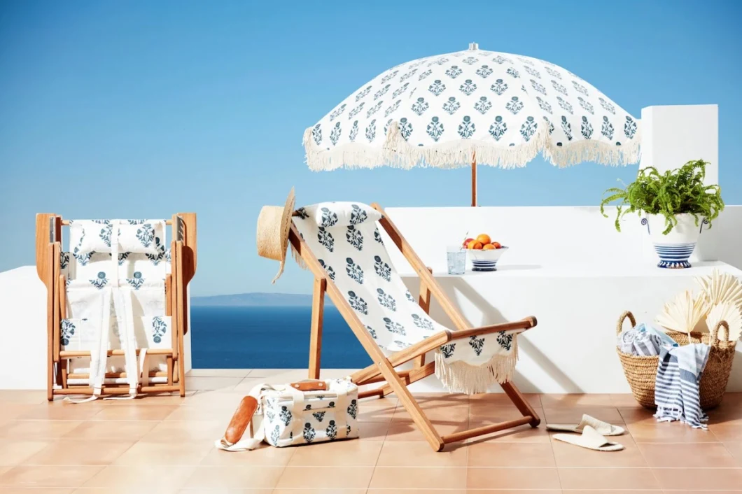 High Quality Alu Waterproof UV Protection Umbrella Beach Sun 2m Wooden Beach Umbrella with Tassels