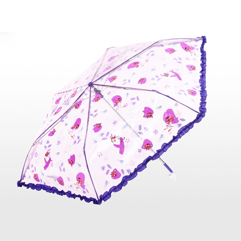 Carton Portable Small Size Clear/Transparent Fringe/Lace 3 Folding Rain Umbrella for Kid