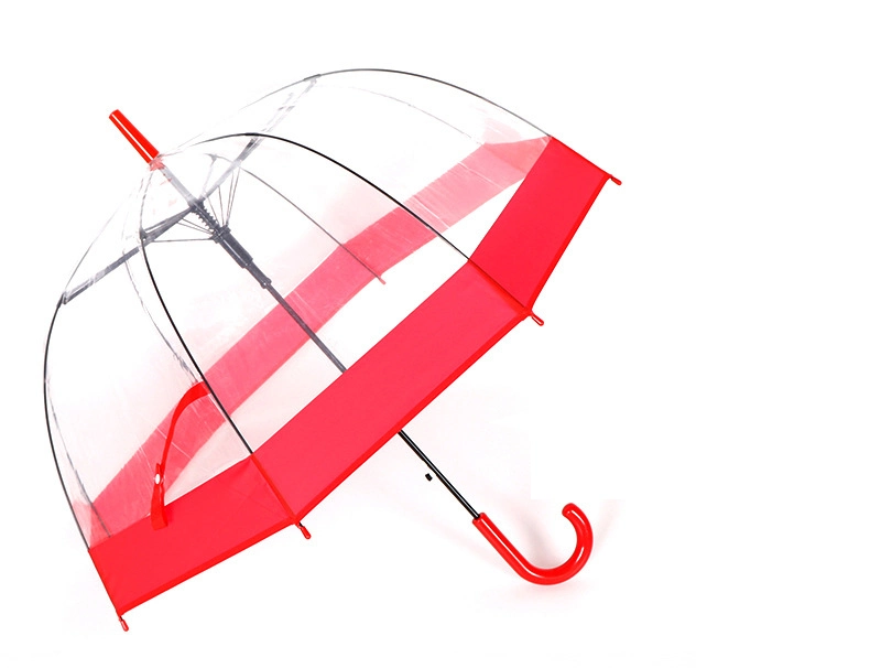 Waterproof Rain Plastic Cover Clear Umbrella Red Age Curve J Shaped Custom Logo Transparent Poe Bubble Dome Clear Auto Open Promotion Umbrella for Lady