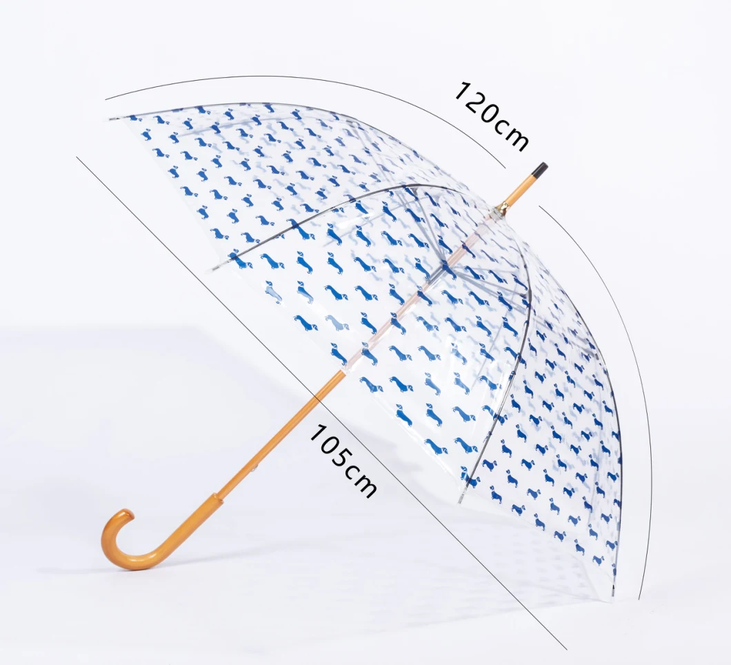 Waterproof Promotion Gift Wooden PVC Poe Transparent Umbrellas Manual Open Wooden Shaft Handle Red Dog Printing Clear Fashion Umbrella for for Rain
