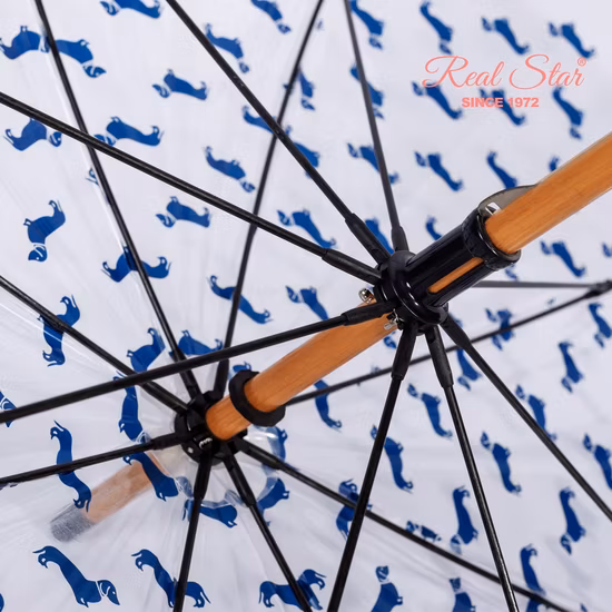 Waterproof Promotion Gift Wooden PVC Poe Transparent Umbrellas Manual Open Wooden Shaft Handle Red Dog Printing Clear Fashion Umbrella for for Rain