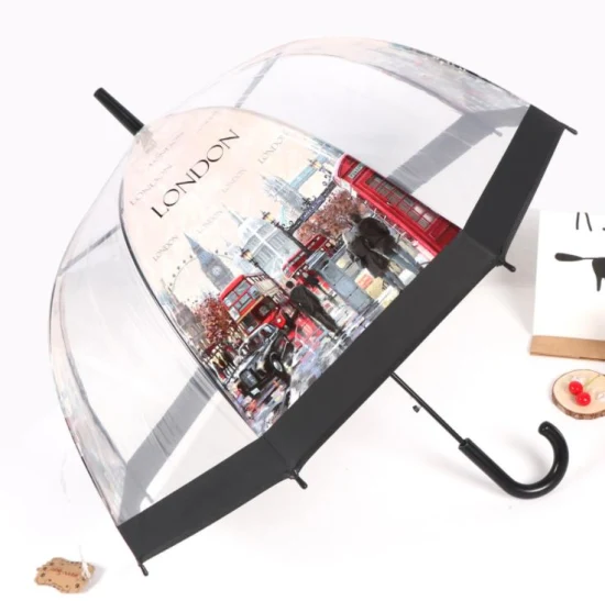 BSCI Factory OEM Promotion Advertising New Invention Wholesale Custom Designed Windproof Dome Shaped Clear Transparent Paraguas Rain Lady Umbrellas for Gift
