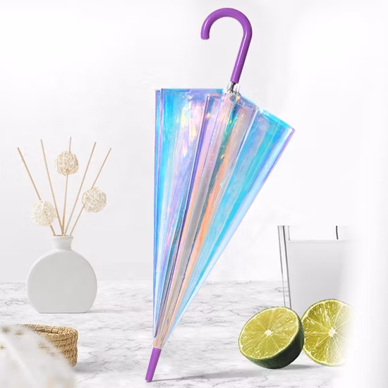 Laser Semi Transparent Umbrella Rain Sunshade Colorful Gradient Plastic PVC Holographic Poe Umbrellas